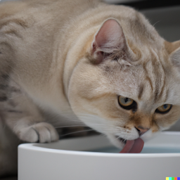Cat eating from a bowl.