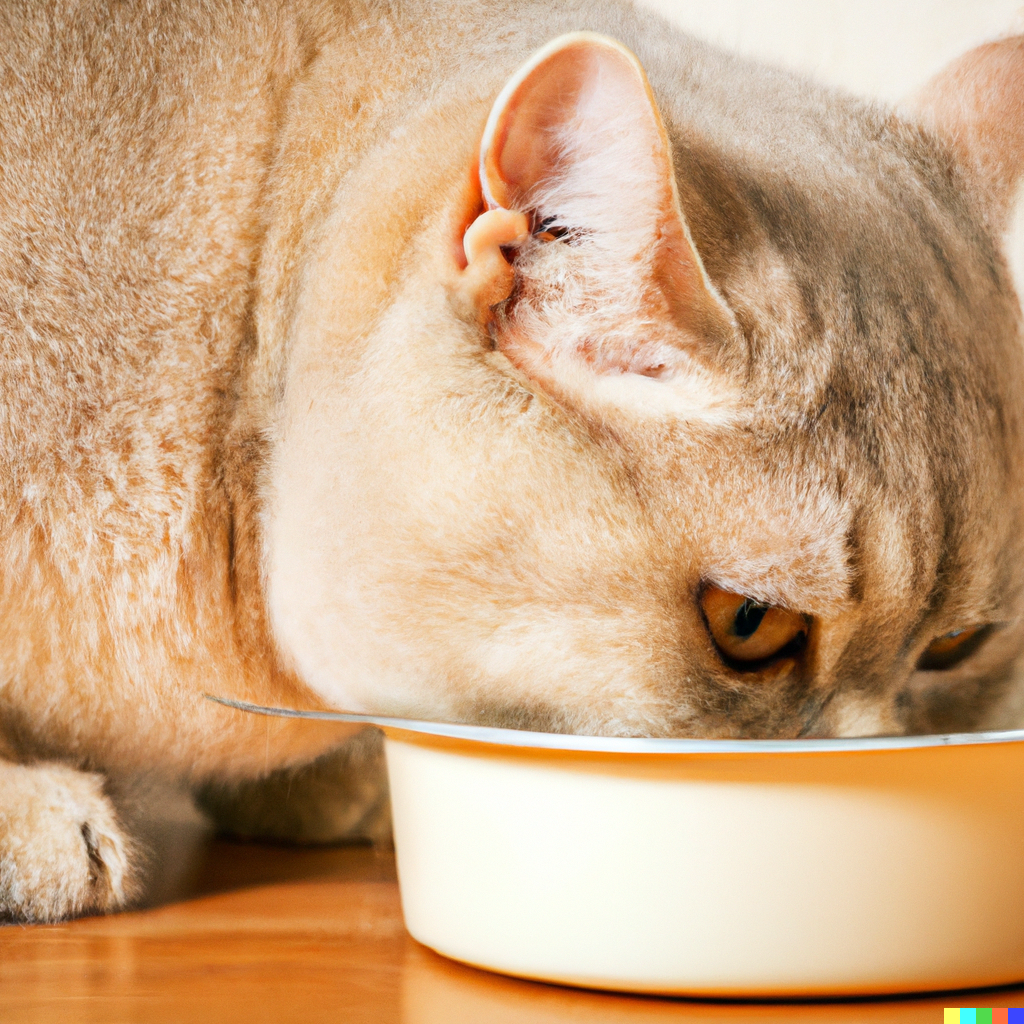 Cat eating from a bowl.